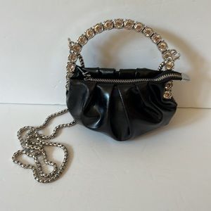 Purse Black Faux Leather Rhinestone Handle Silvertone Chain Shoulder Strap NWOT